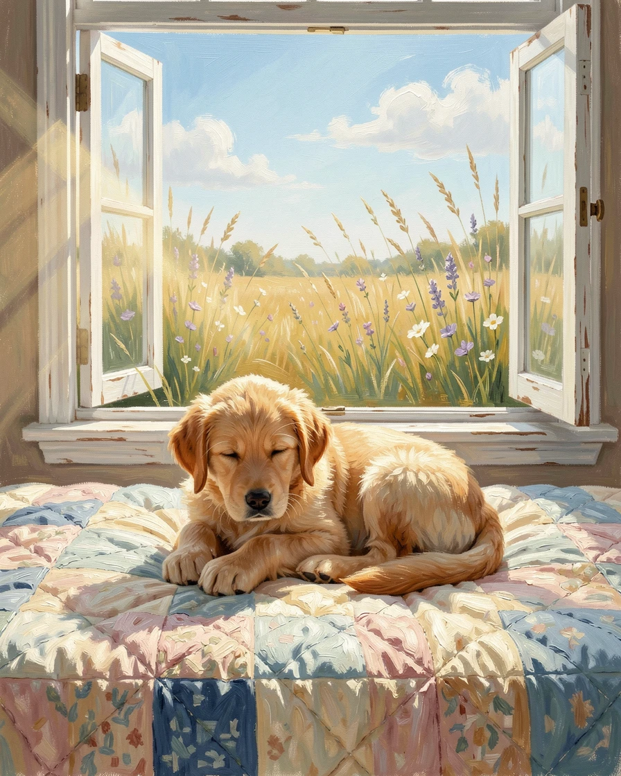 Atop a soft quilt in a sun-warmed bedroom, a golden retriever puppy playing in a sunlit meadow, it curling up contentedly for a nap, on a bright, sunny afternoon.