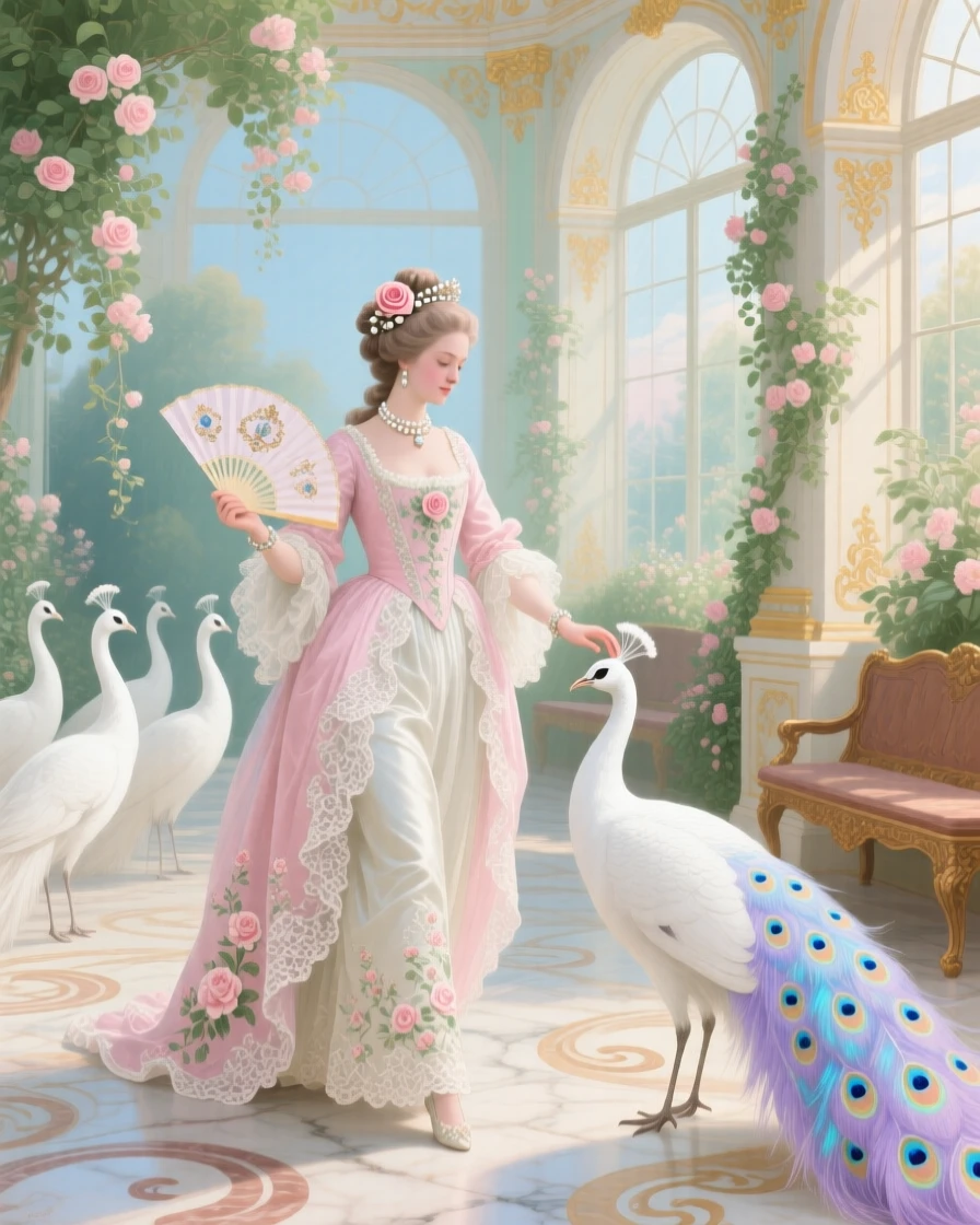 A queen walking among white peacocks in a palace conservatory  