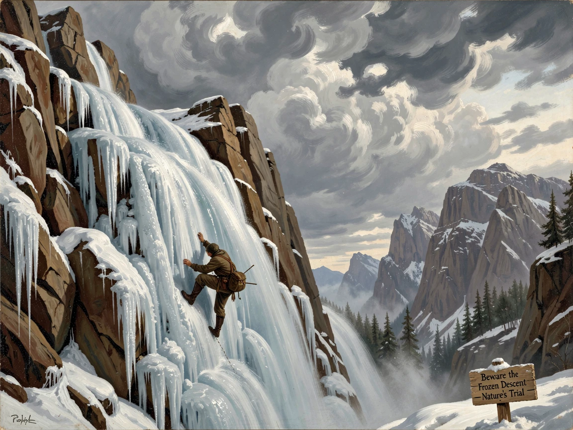 A lone climber descends carefully down a frozen waterfall clinging to the rock as an avalanche of cloud rolls past.