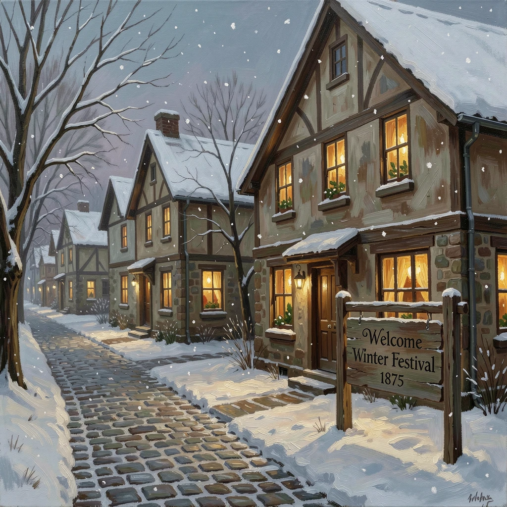 A quiet snowfall blanketing a small town as holiday lights glow in windows, as soft snow or flower petals drift gently through the air, evoking cherished holiday memories and nostalgic feeling