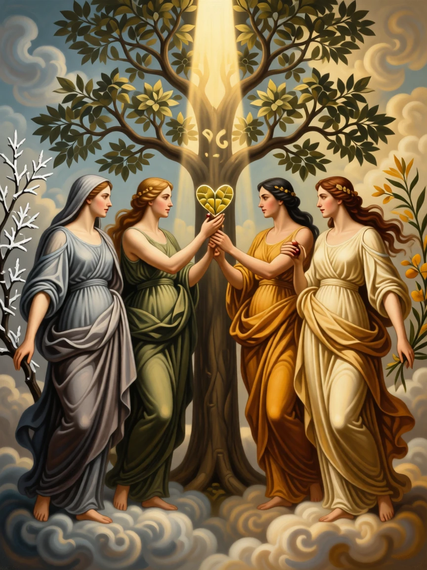 The allegory of the four seasons gathered around a central tree of life at the threshold between the mortal and the eternal, set amid swirling clouds suspended between earth and sky, with a single ray of light illuminating the central symbolic gesture; the composition balances opposing symbolic elements on either side of the central figure, capturing the eternal struggle between light and shadow.