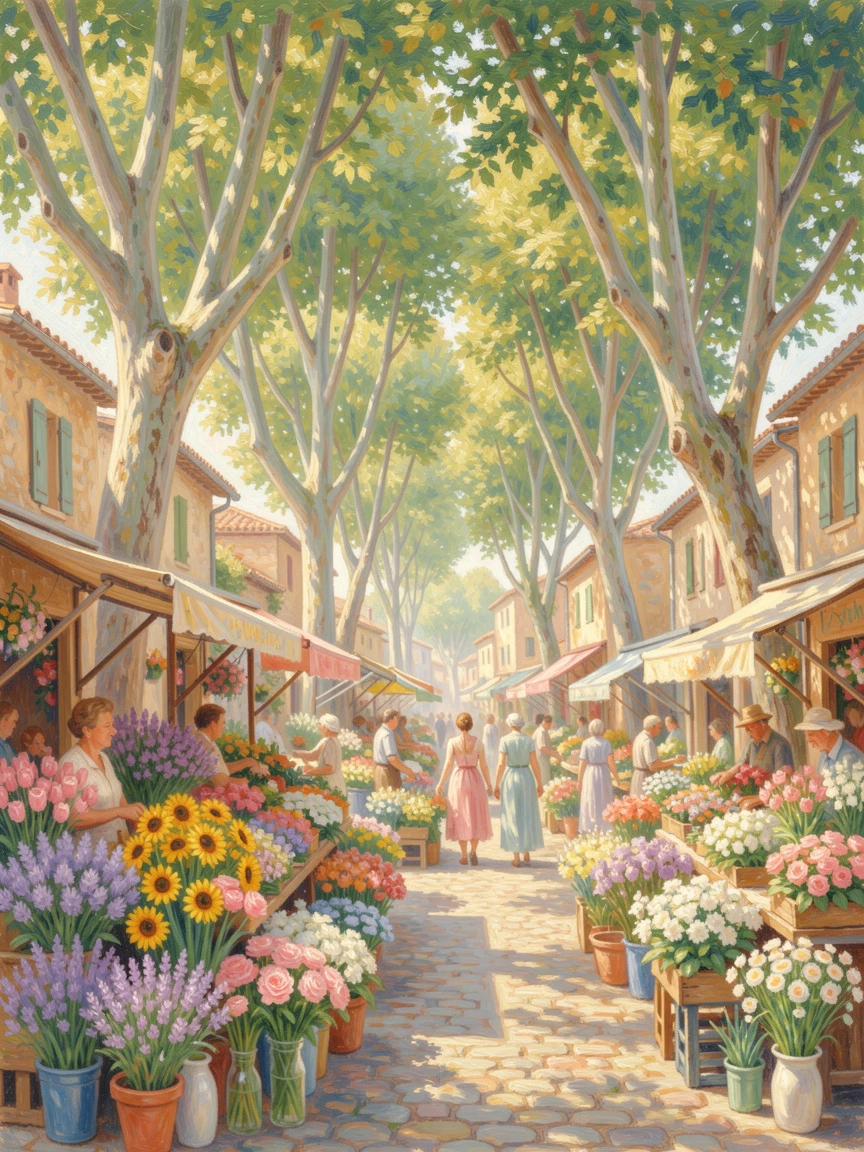 The colorful stalls of a Provençal flower market beneath plane trees on a sunny village square, in the lush green of midsummer, radiating serenity and gentle stillness.
