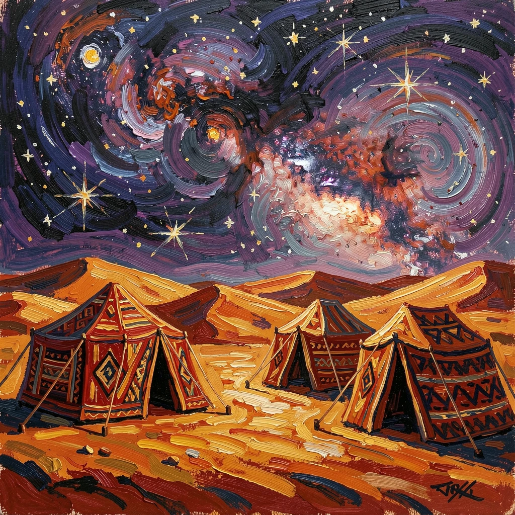 Traditional Berber tents pitched beneath the star-filled sky of the Sahara desert.