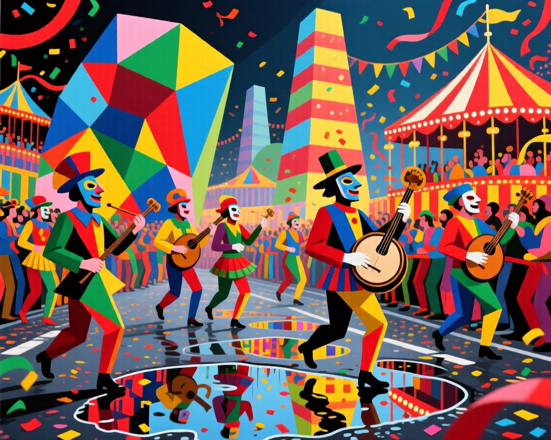 A vibrant scene of a colorful carnival parade reflecting colorful lights in puddles after rain.