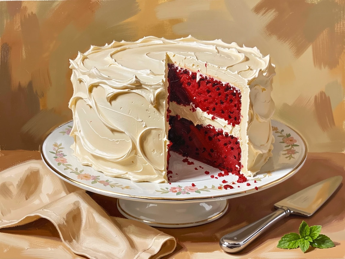 A decadent red velvet cake with cream cheese frosting sits on a cake stand, a single slice revealing its vivid crimson layers, a sense of warmth and hospitality conveyed through the careful arrangement of the meal.