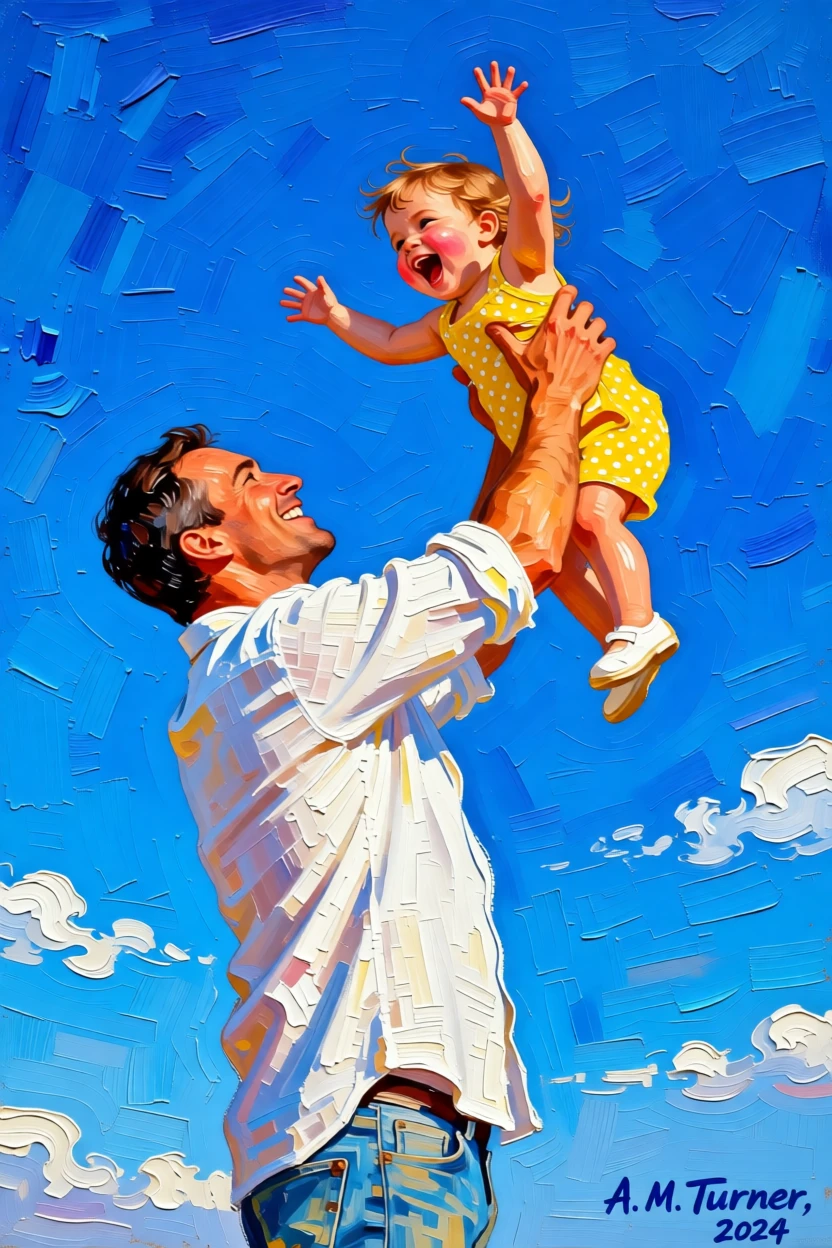 A father lifting his laughing toddler high into the air against a blue sky