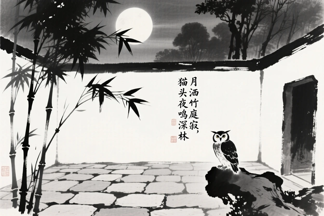 Moonlight filters through bamboo leaves onto a quiet stone courtyard, as an owl calls from somewhere deep in the trees.