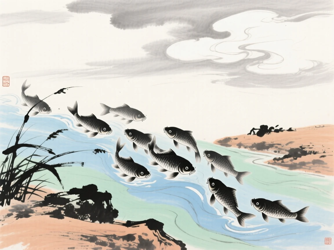 A group of carp swimming upstream against a gentle current, beneath low hanging clouds.