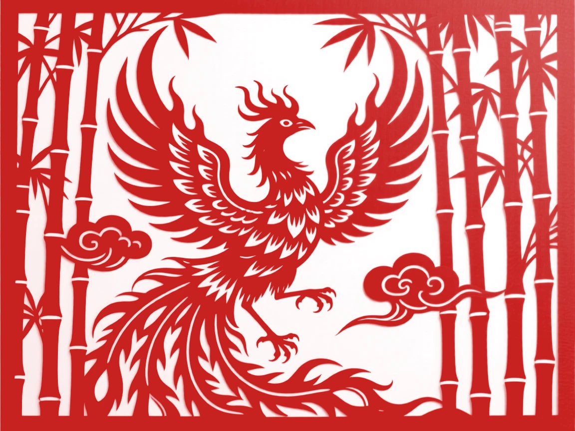 A phoenix of living flame, woven through a forest of impossibly tall bamboo, wrapped in an aura of timeless wonder.