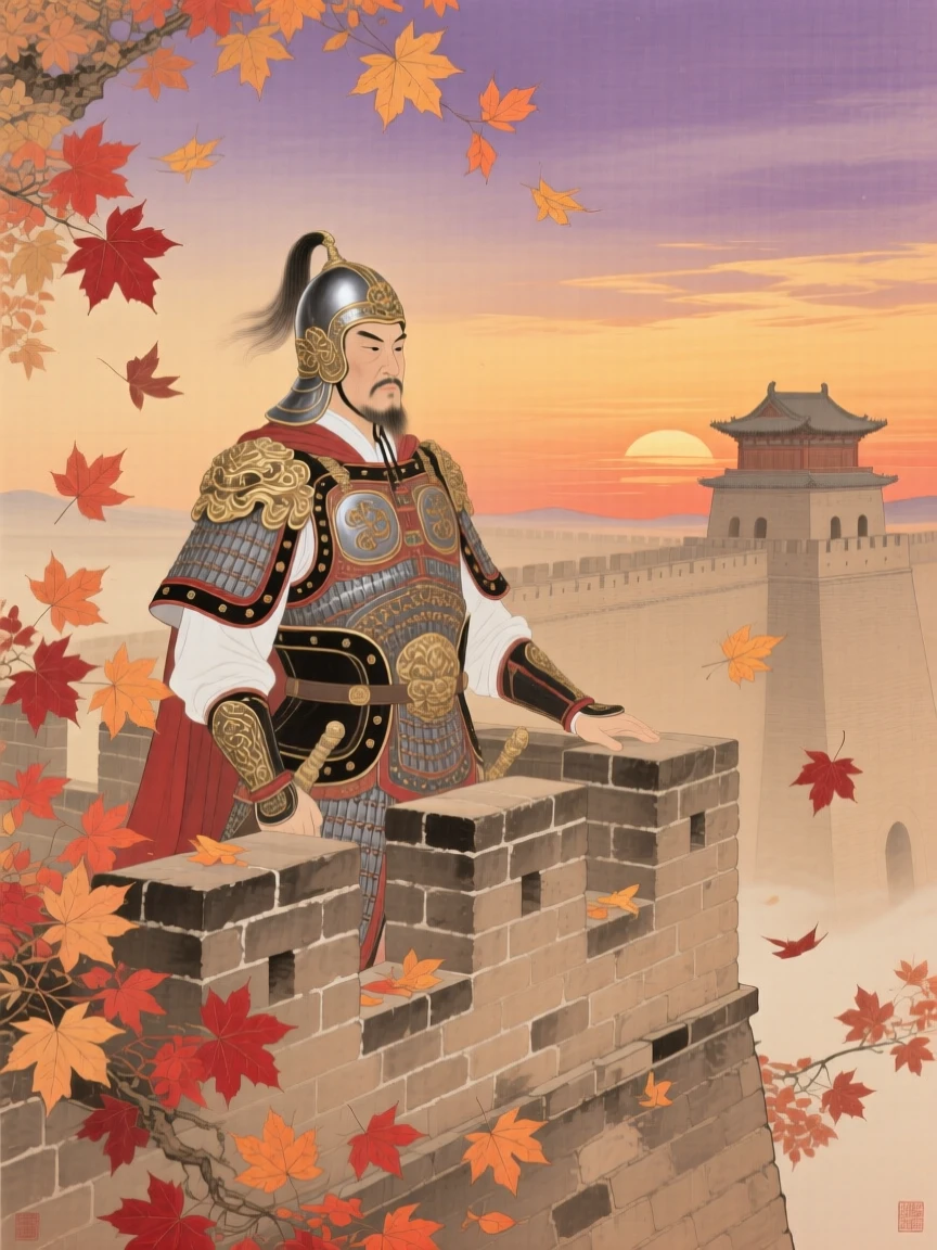 A general in ceremonial armor standing atop a fortress wall at sunset, surrounded by falling autumn leaves