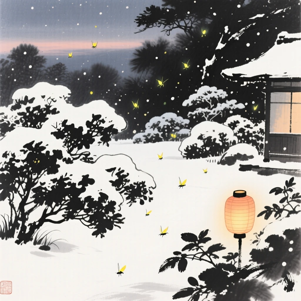 A summer evening filled with the glow of fireflies within a snow-dusted garden, composed with warm lantern light glowing against a cool evening, capturing the quiet magic of a changing season.