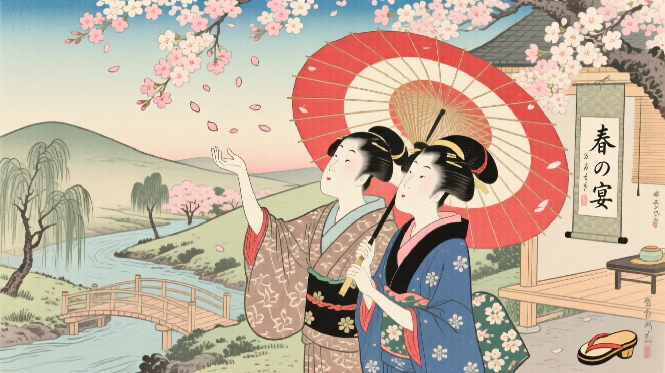 A couple sharing an umbrella reaching up to catch falling cherry blossom petals.