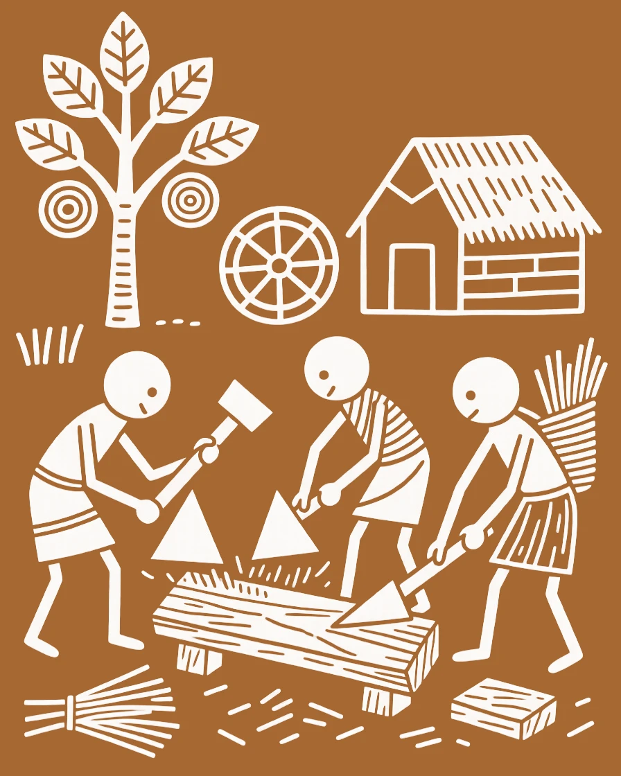 A group of harvesters carving a wooden tool by hand.