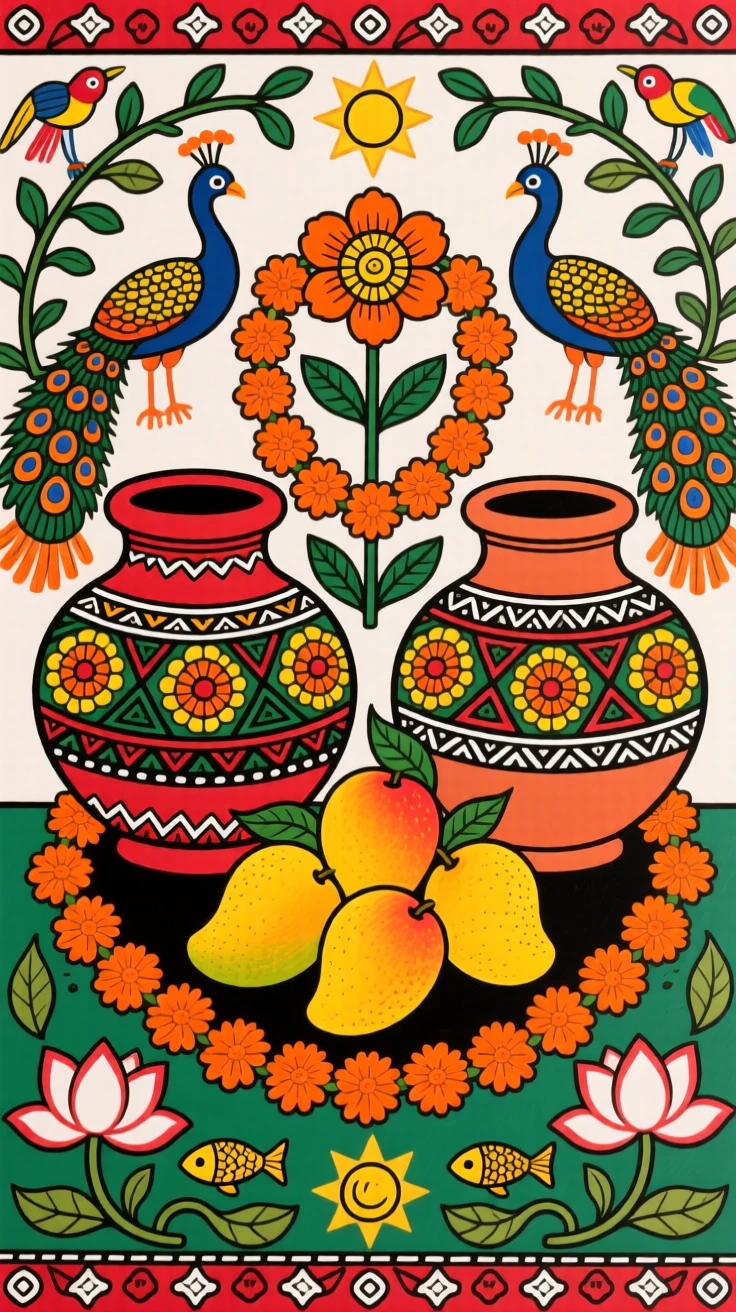 A still life of clay pots, ripe mangoes, and marigold garlands.
