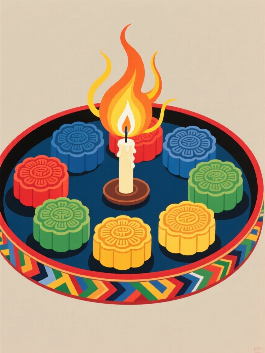 A tray of small mooncakes arranged around a lit candle.