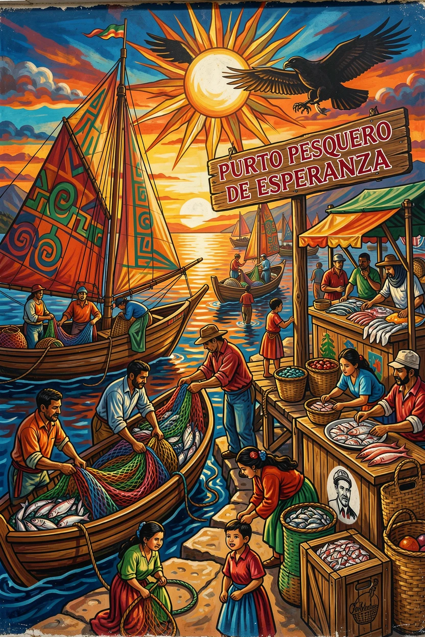 A fishing harbor bustling with activity at dawn