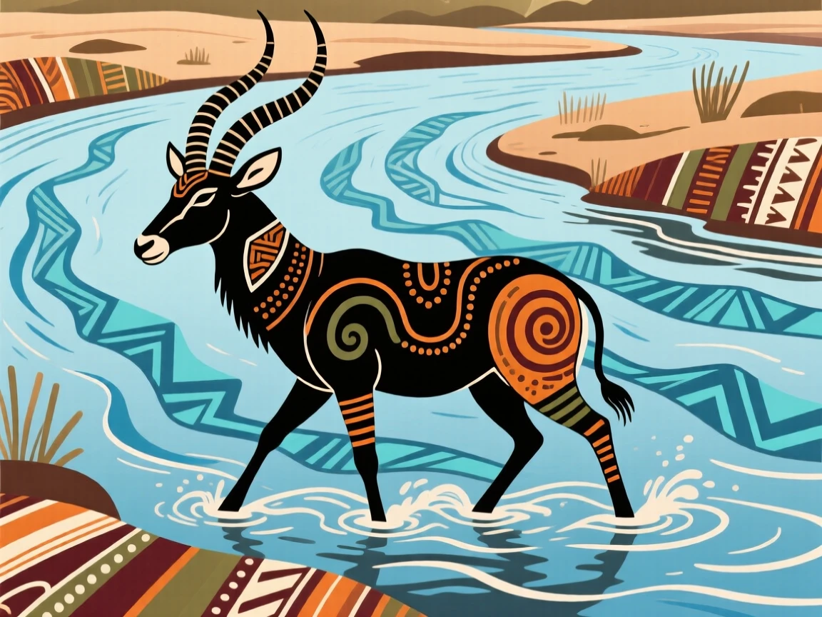 A waterbuck crossing a wide river.