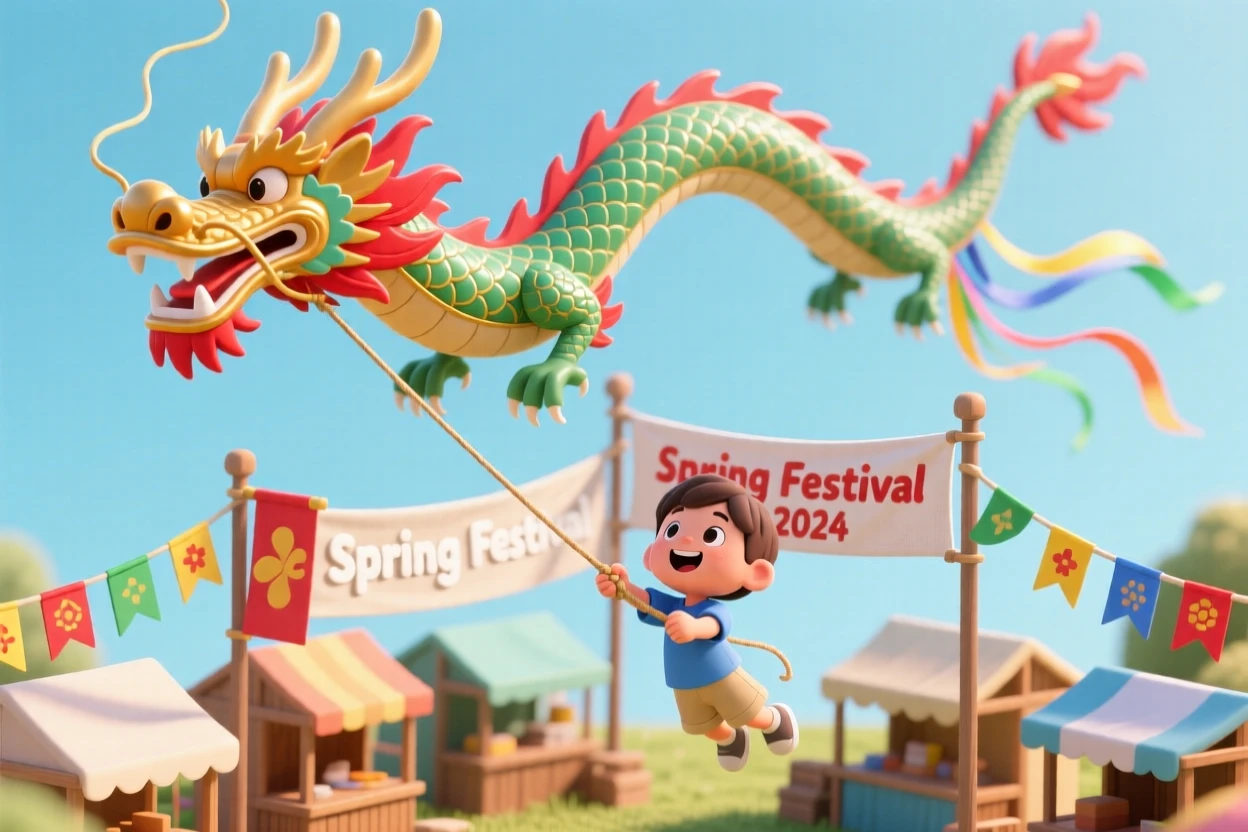A dragon-shaped kite pulling a child high into the sky above a festival of colorful banners.