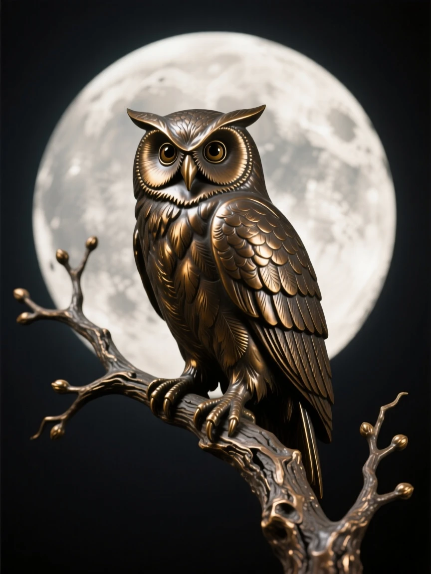 An owl perched silently on a moonlit branch, in a moment of raw, untamed beauty, evoking wonder and majesty