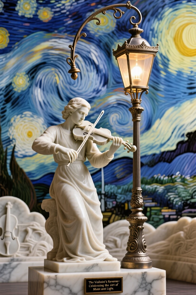 A beautifully composed image of a violin player performing beneath a streetlamp, under a brilliant, colorful sky, full of atmosphere and visual storytelling