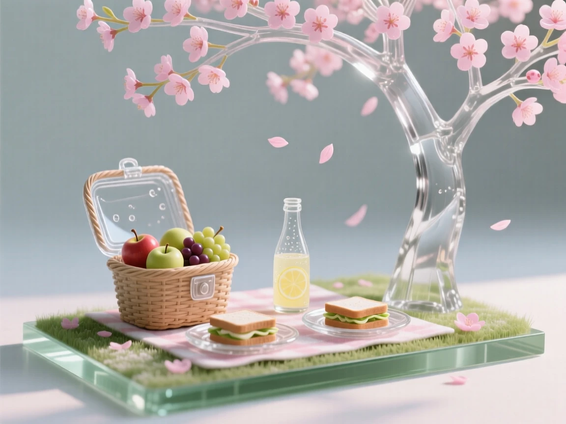A picnic spread beneath a blooming cherry tree in spring, as the first blossoms of spring begin to open