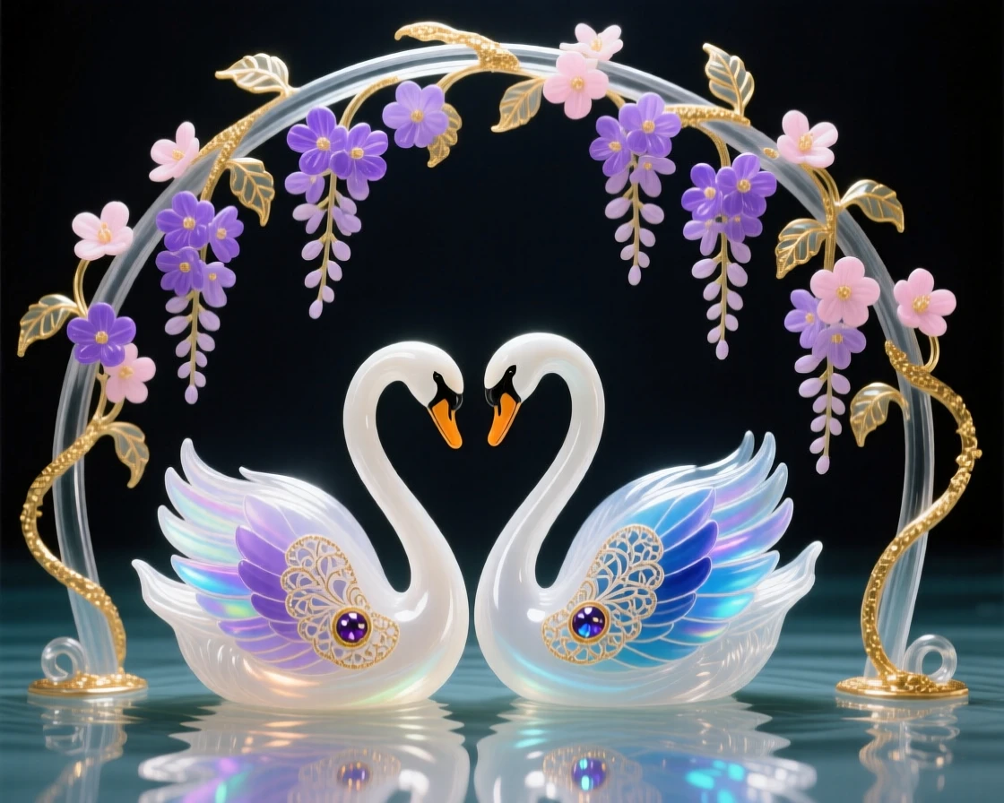 A pair of swans gliding together beneath a blossoming wisteria arch, romantic and dreamy.