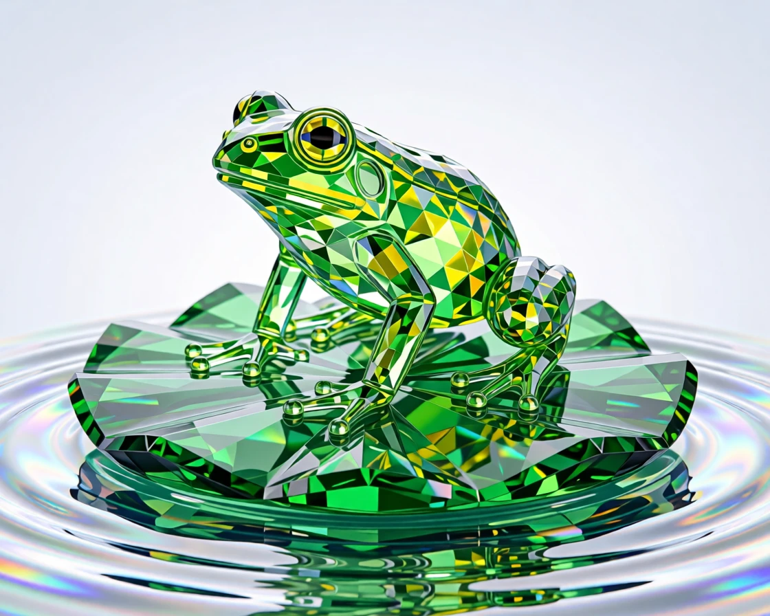 A tiny frog perched on a giant lily pad, reflection rippling below.