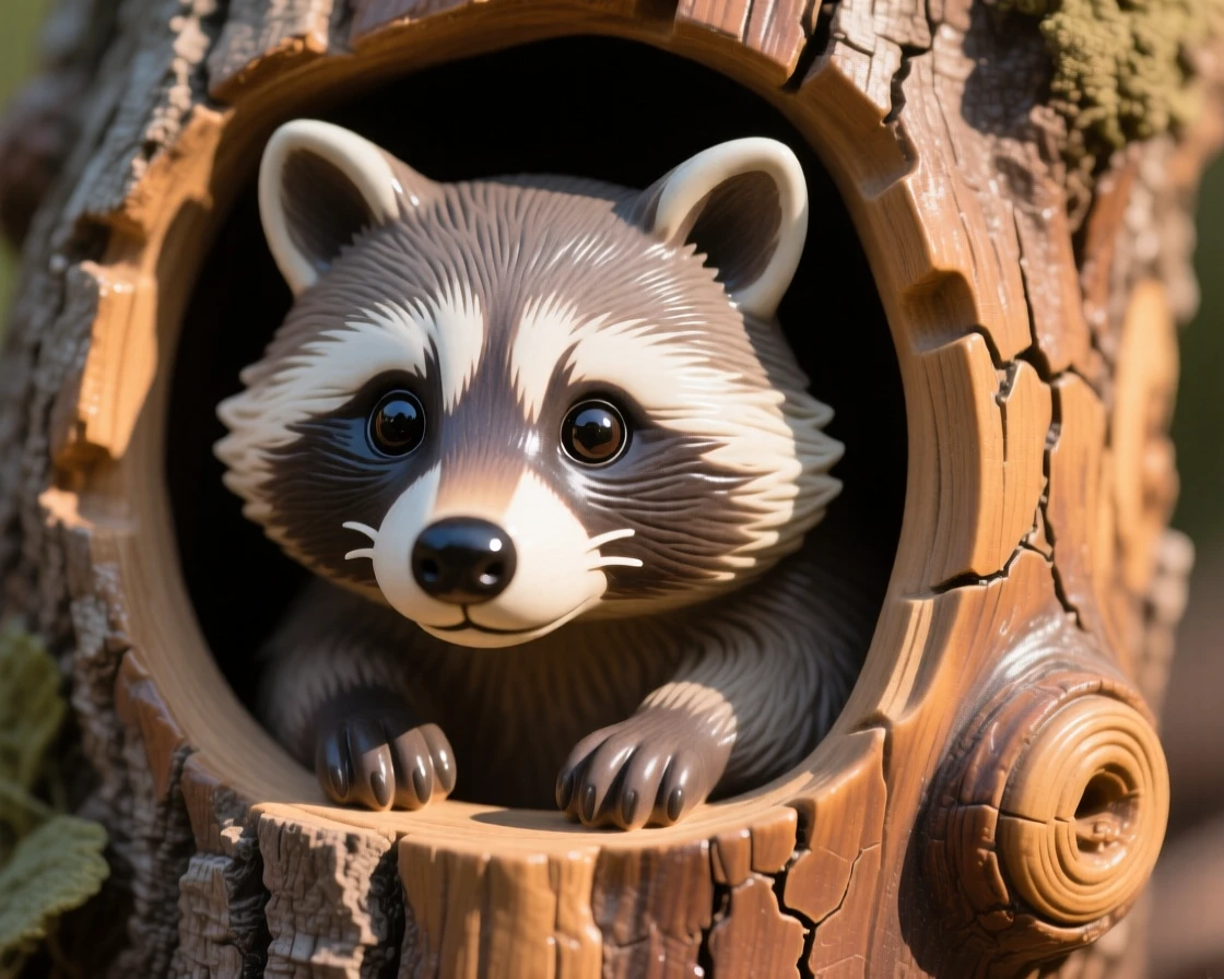A raccoon peering from a hollow log stretched out in warm afternoon light, its ears tilted forward in attention, stirring a feeling of gentle wonder.