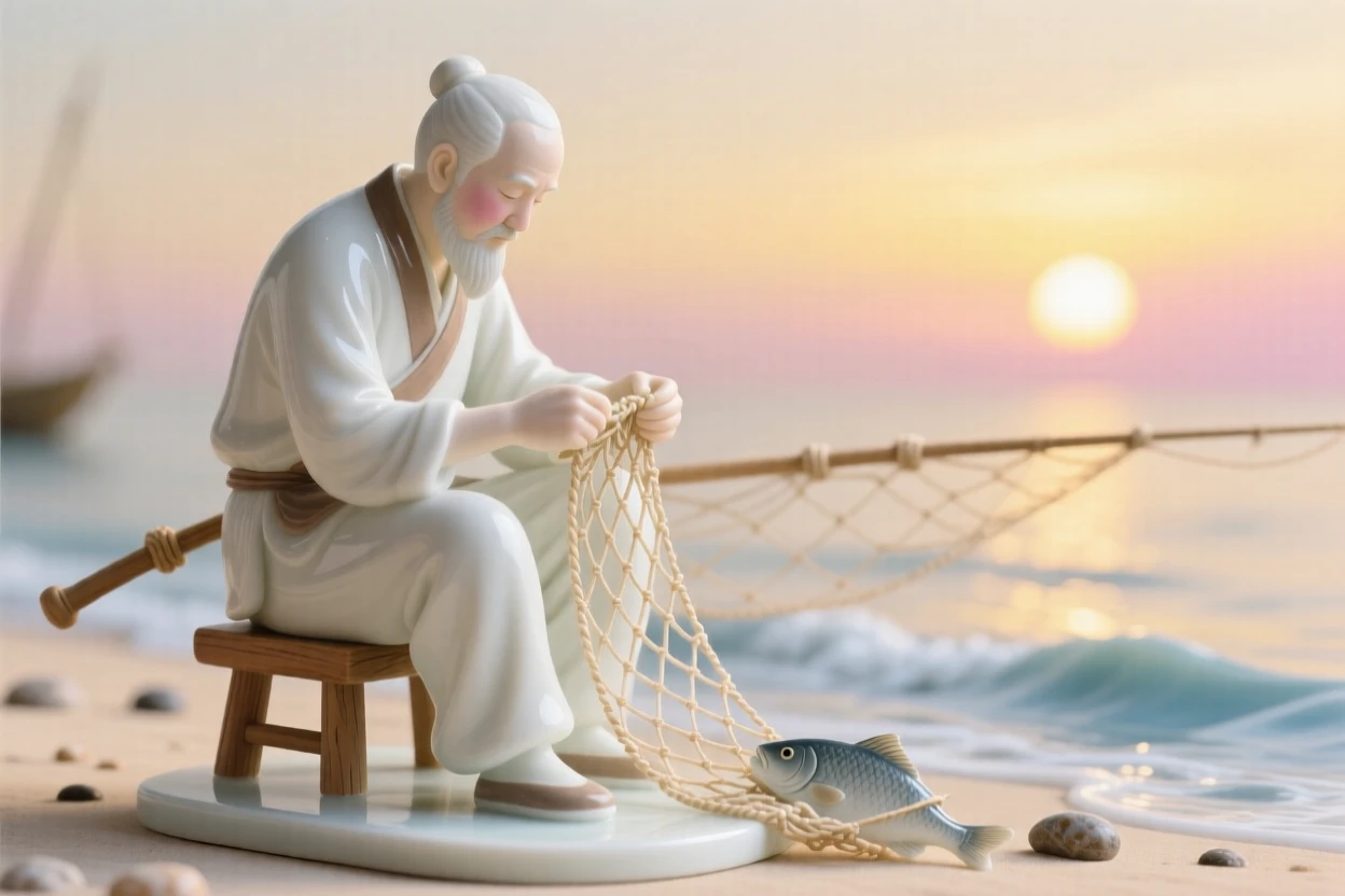 An everyday moment of quiet beauty: a fisherman mending nets at sunrise, quiet, warm, and full of gentle charm.