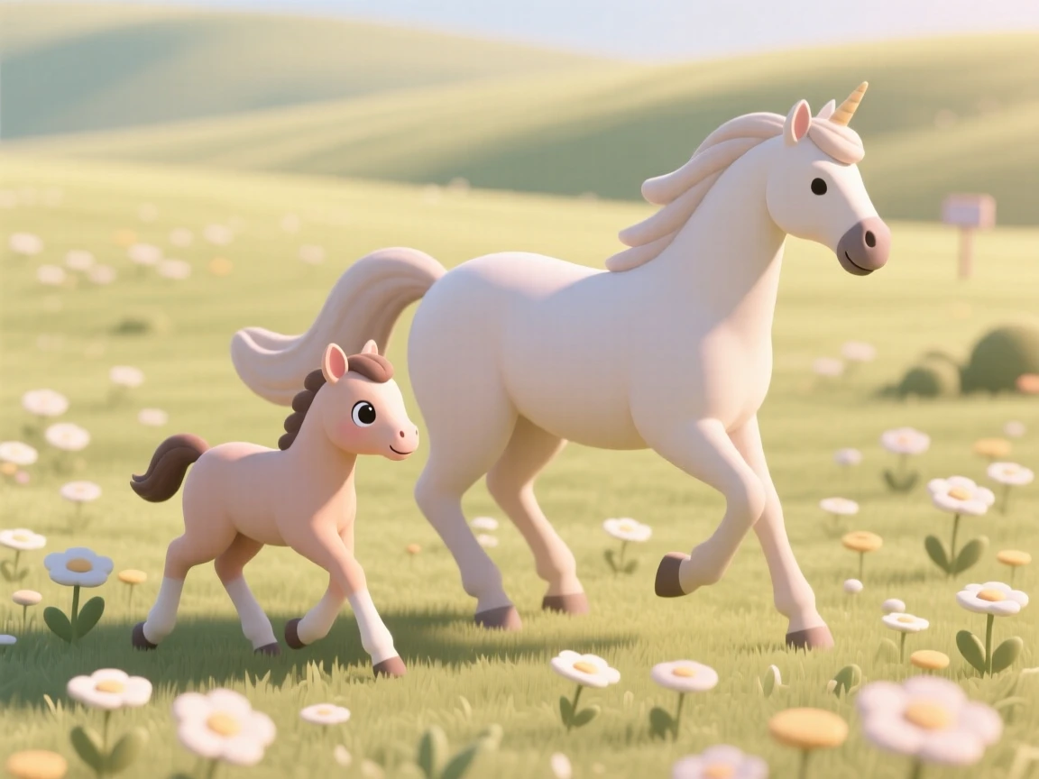 A gentle centaur foal trots alongside its mother through a sunlit meadow of wildflowers, tail swishing happily.