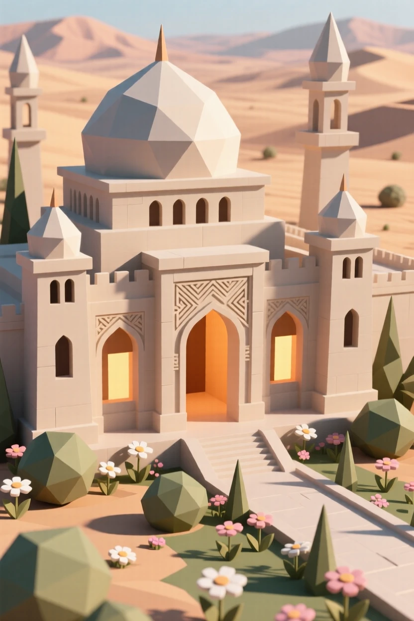 A vast desert palace with intricate carved archways, surrounded by blooming spring gardens. warm window lights add a cozy glow to the scene. There is a warm sense of nostalgia.