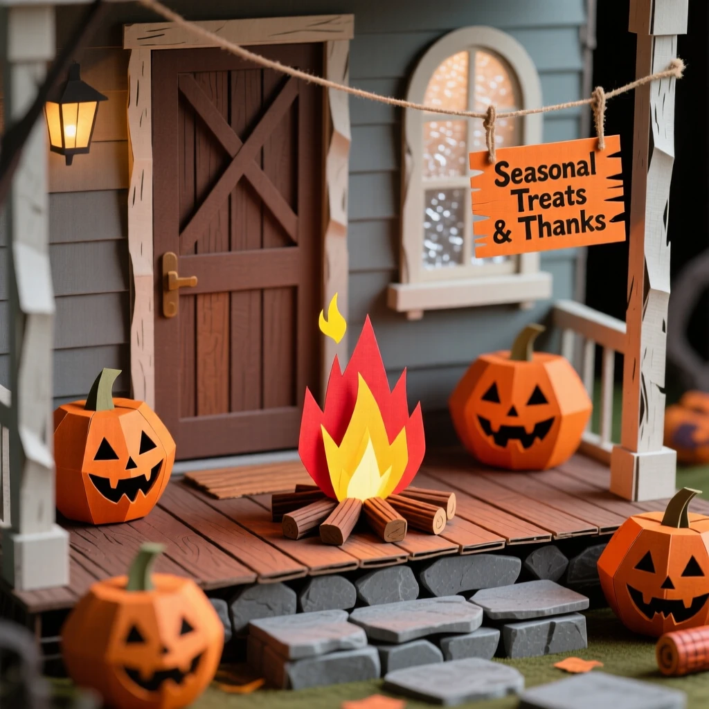 A spooky Halloween porch display filled with the golden light of a bonfire, with the scent of seasonal treats filling the air, capturing the spirit of gratitude and joy.
