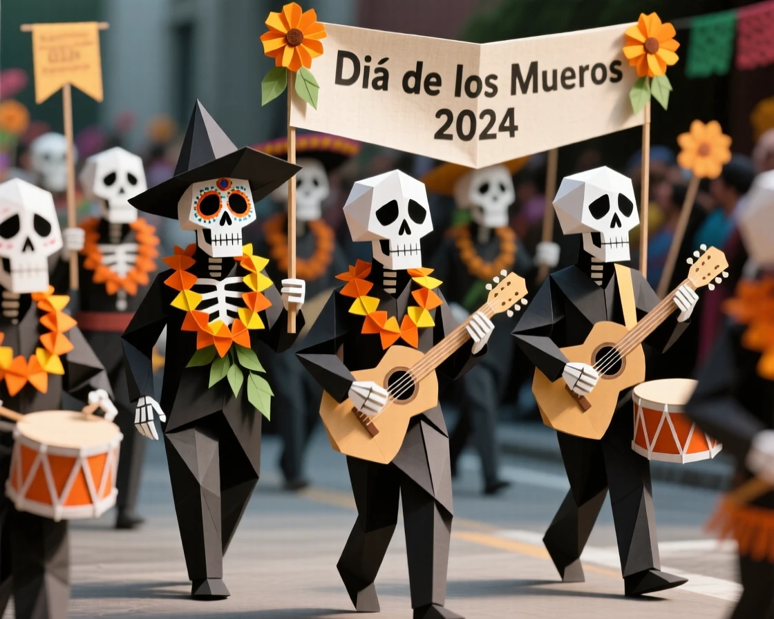 A Mexican Day of the Dead parade scene with skeleton-painted faces and marigold garlands.