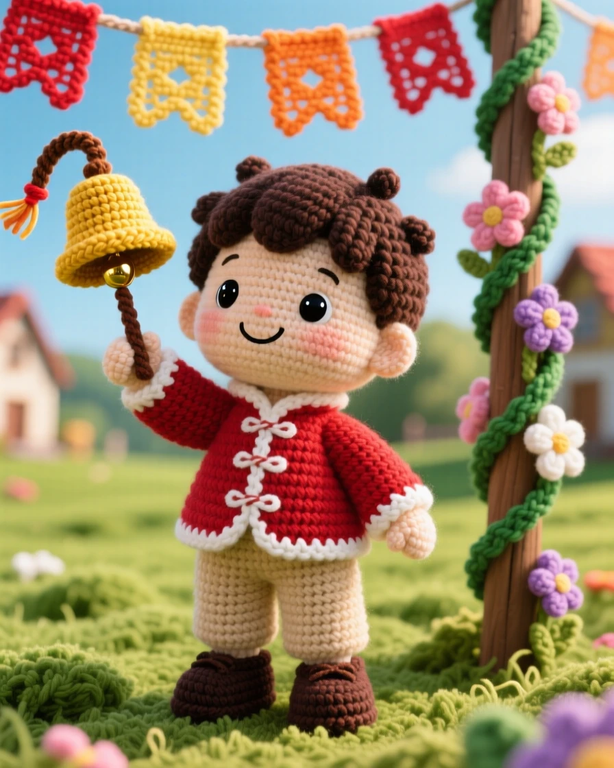 a small boy holding a small ceremonial bell, for a New Year celebration, is shown ringing it joyfully at midnight in a sunlit village green decorated with banners beside a garland of woven flowers draped nearby, capturing warm cultural pride and festive belonging.