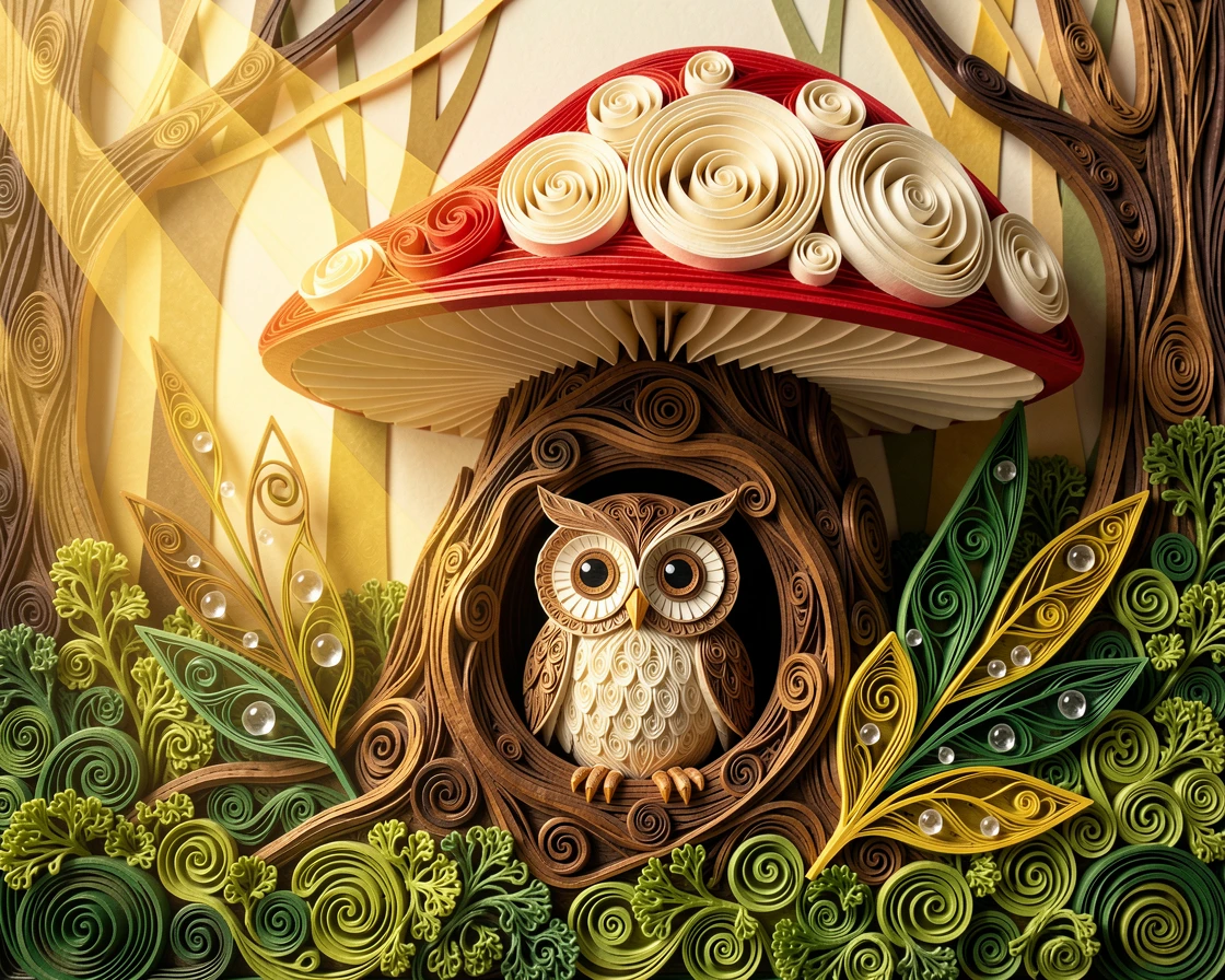 A heartwarming scene of a wide-eyed baby owl peeking out of a tree hollow beneath a giant mushroom in a mossy forest, with soft rays of golden light filtering in from one side, with soft dewdrops glistening on nearby leaves.