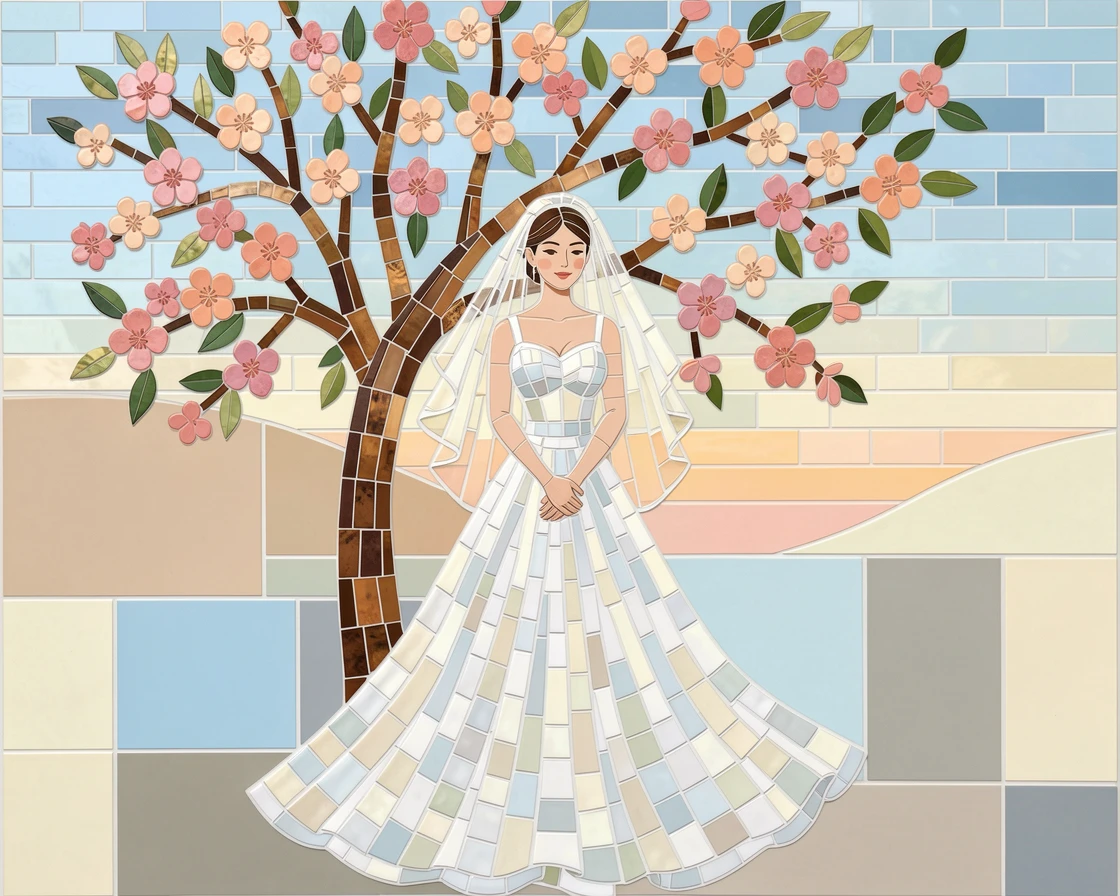 A bride in a flowing white gown standing beneath a blossoming tree.