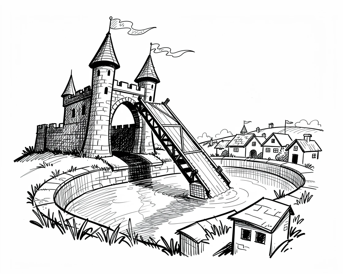 A castle drawbridge lowering over a moat on a hilltop overlooking a village.