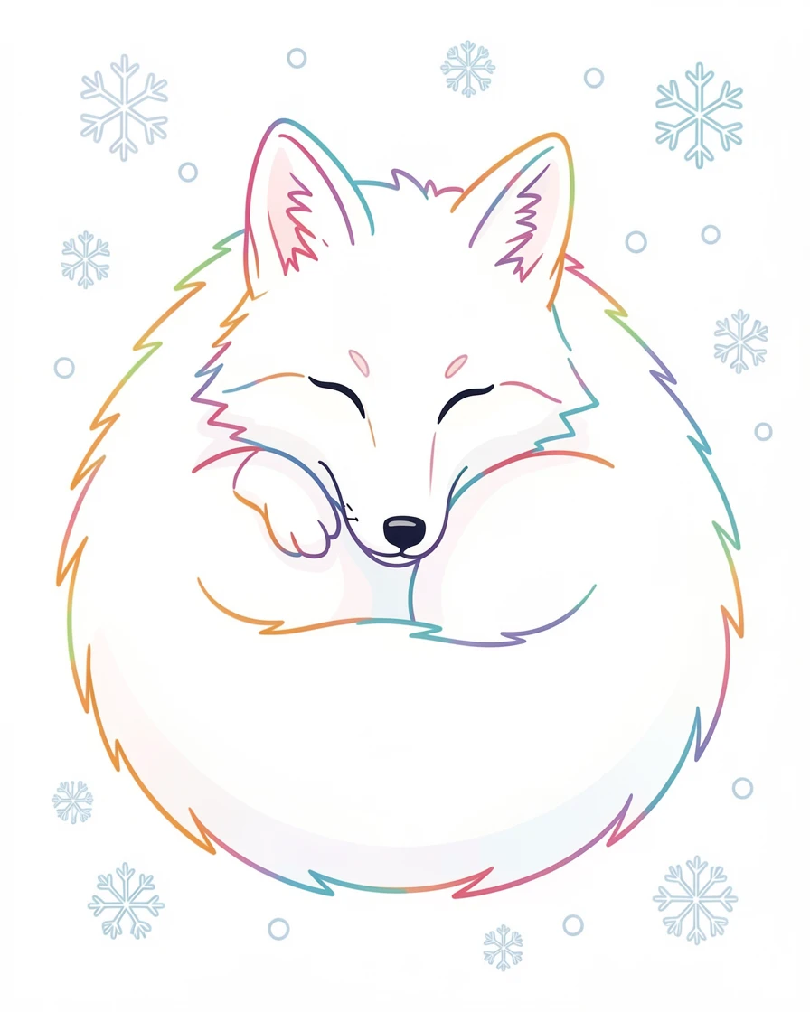 A close-up of a snow fox curled up against a backdrop of falling snow.