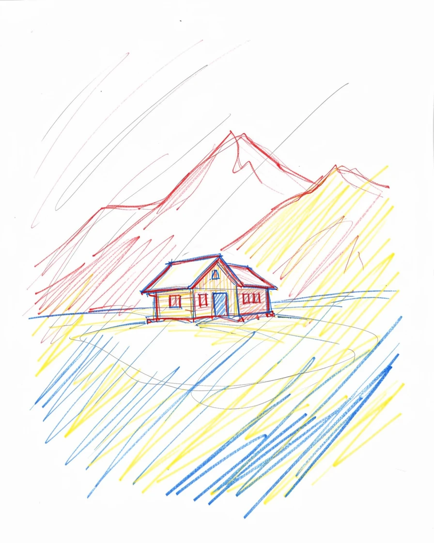 A winter whiteout blizzard swirling around a distant mountain cabin