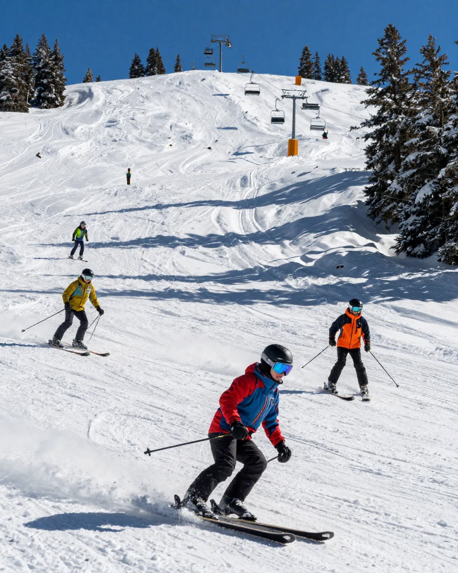 A Colorado ski resort with skiers carving fresh powder