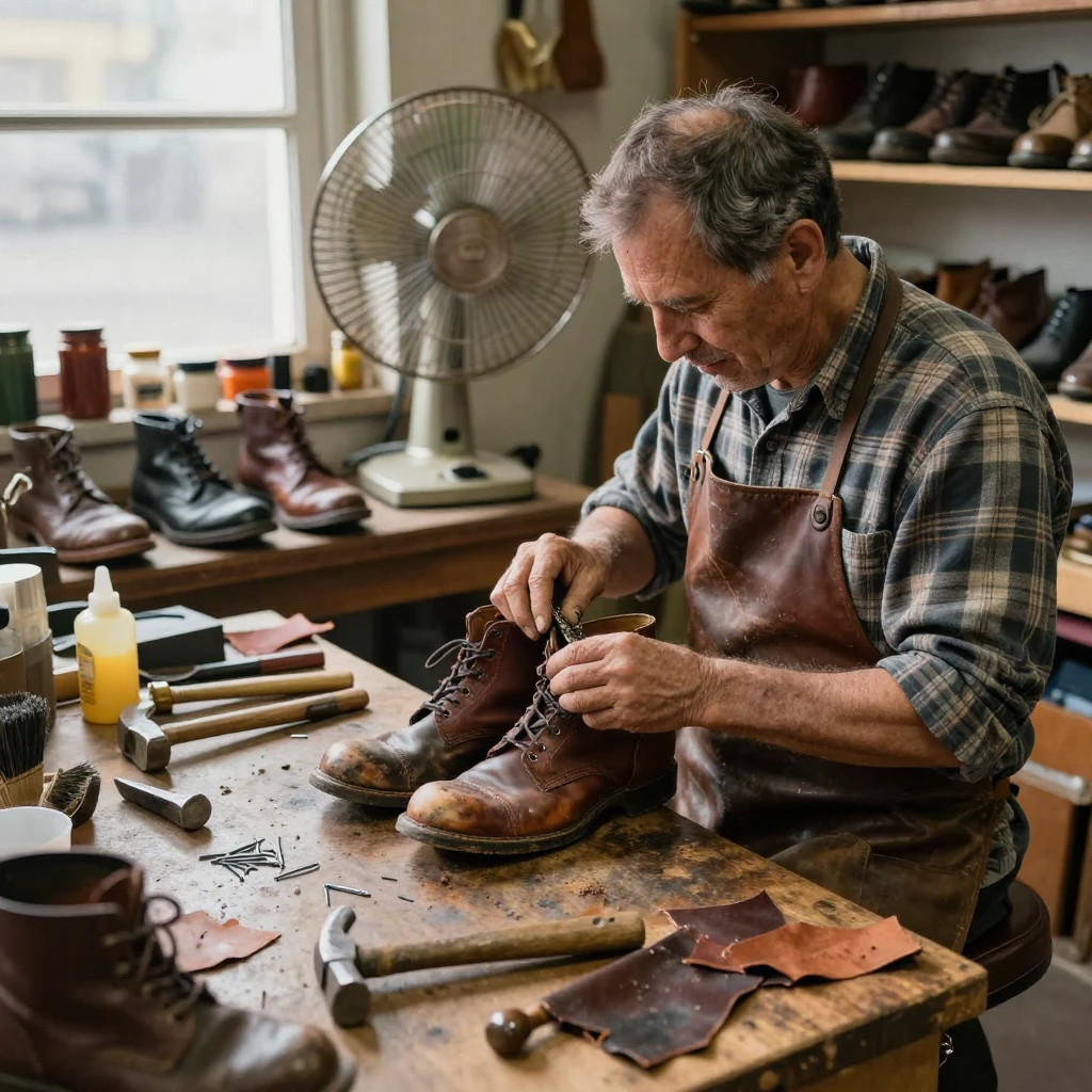 A cobbler resoles a well-worn pair of leather boots at his workbench.