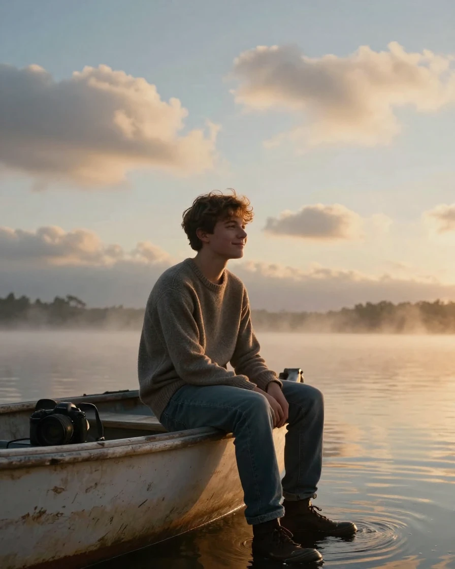 A teenage poet watching the clouds drift slowly by on a small fishing boat at dawn, a gentle smile crossing their face