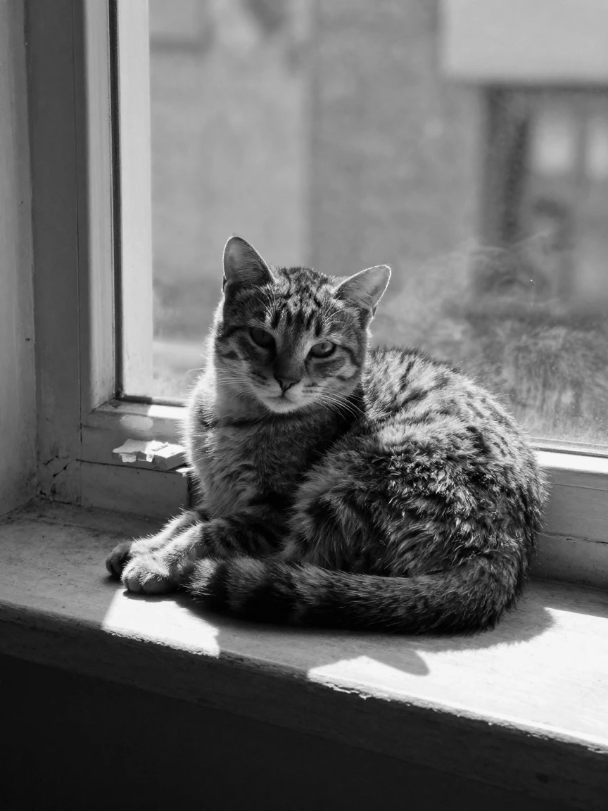 A stray cat finds a warm spot on a windowsill on a sunlit windowsill.