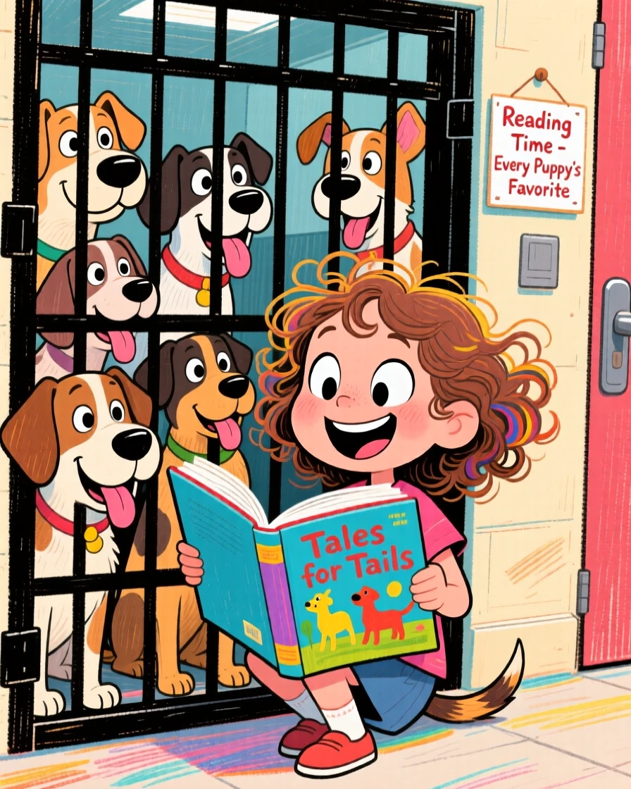 A little girl reading to a group of shelter dogs through their kennel bars.