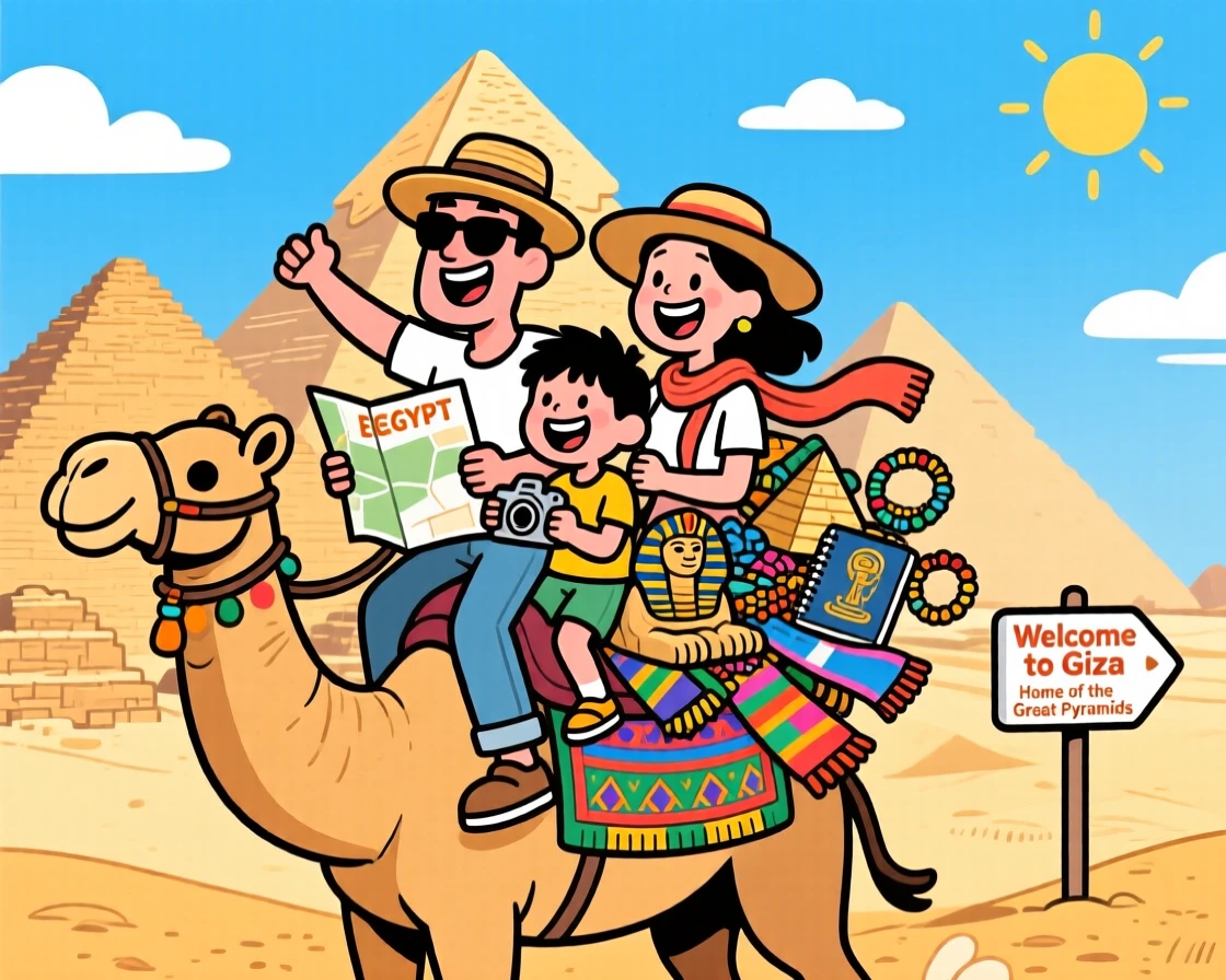 An iconic travel scene featuring a family on vacation riding a camel past the pyramids of Egypt, with souvenirs already piling up in their arms.