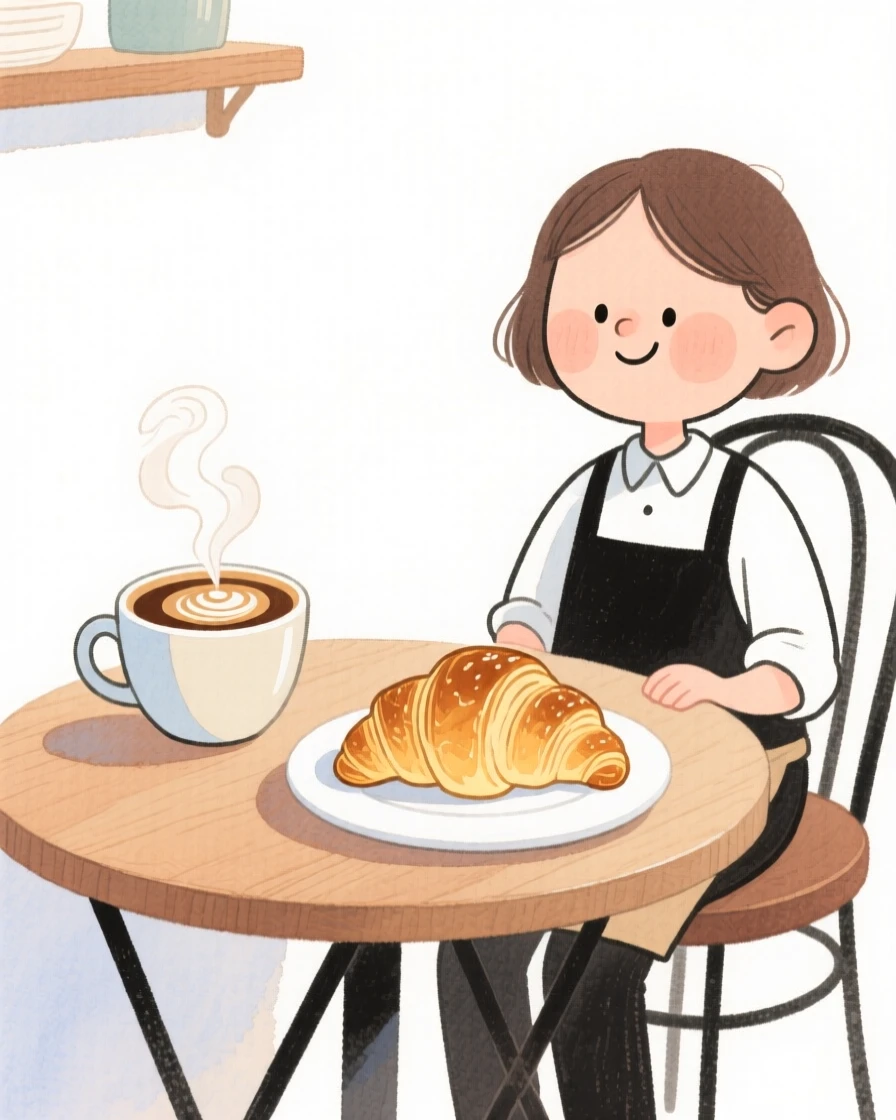 A cozy, appetizing, warm and inviting scene of a cozy café corner with a latte and a croissant on a wooden table