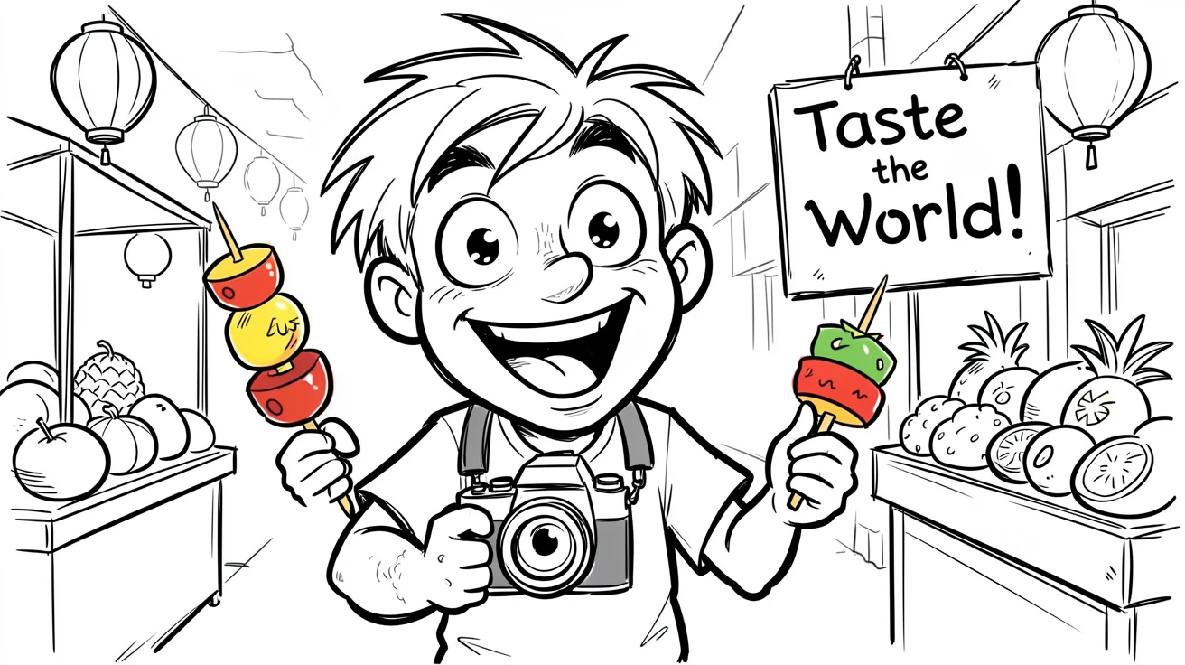 [Travel & Cultural Experiences] Vivid travel scene of an excited photographer sampling exotic street food, full of wonder and adventure