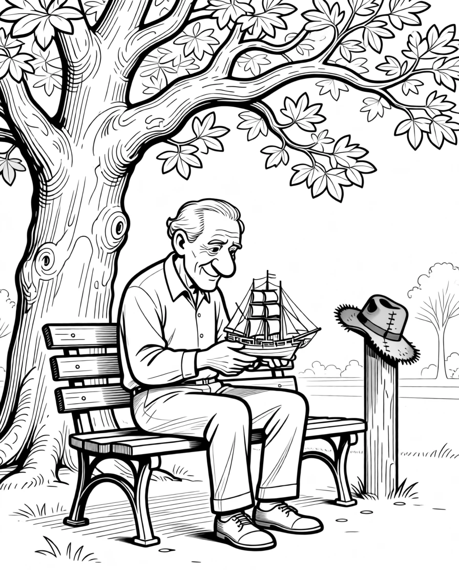 A grandfather building an elaborate model ship, recalling old addresses with surprising accuracy, set on a park bench beneath old oak trees. A weathered hat rests on a nearby post. The scene radiates hard-won wisdom shared with love.