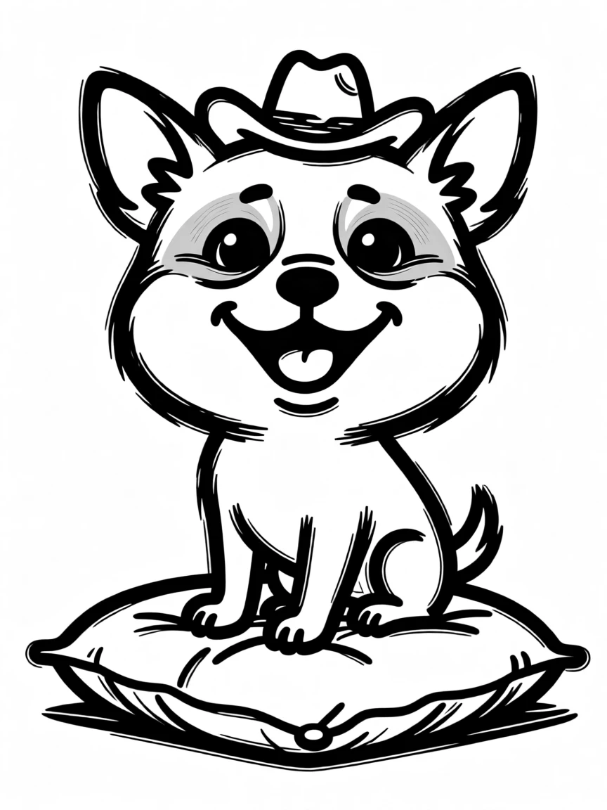 A chihuahua wearing a tiny cowboy hat, sitting proudly on a saddle-shaped cushion.