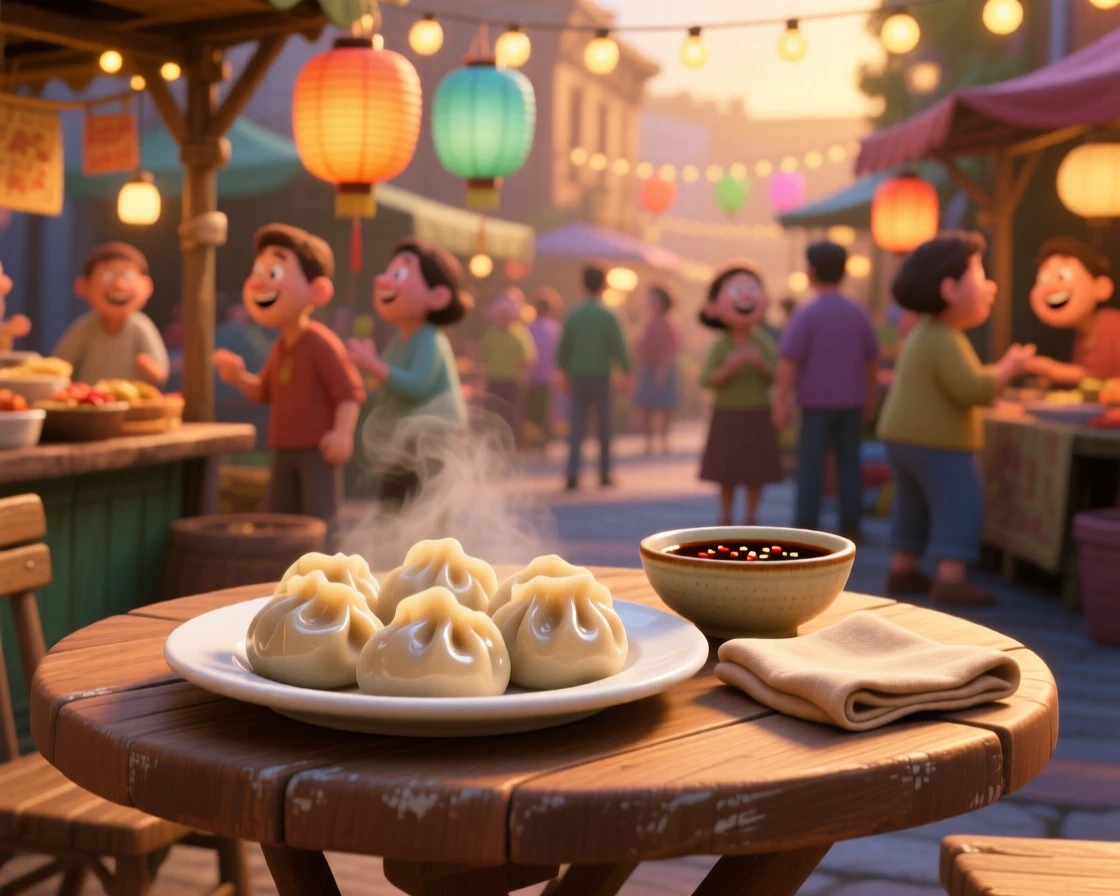 A plate of dumplings with dipping sauce sits at a bustling street food market stall, next to a folded linen napkin. A comforting, homey feeling fills the moment.